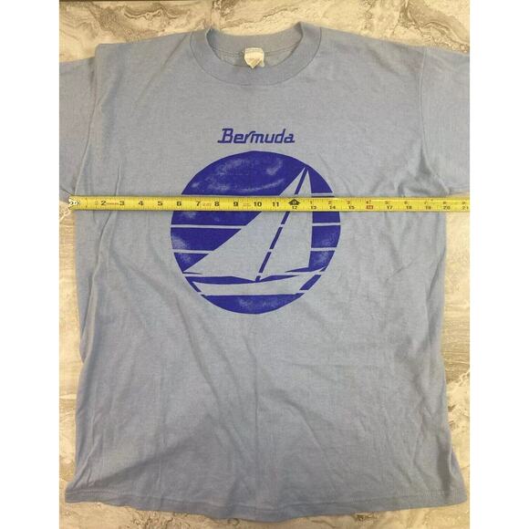 VTG Sz L 80s 90/ Bermuda Beach Single Stitch T-shirt Blue Minimalist - Picture 2 of 6